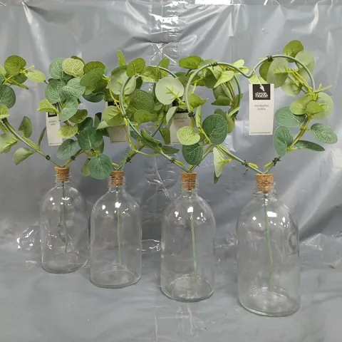 BOX OF 4 FAUX FLORA HEART SHAPED EUCALYPTUS GLASS BOTTLES - COLLECTION ONLY