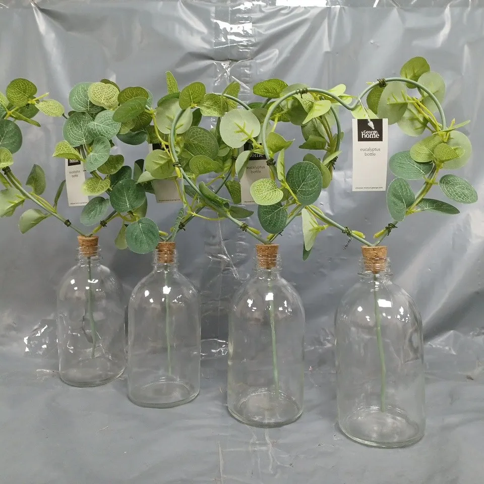 BOX OF 4 FAUX FLORA HEART SHAPED EUCALYPTUS GLASS BOTTLES - COLLECTION ONLY