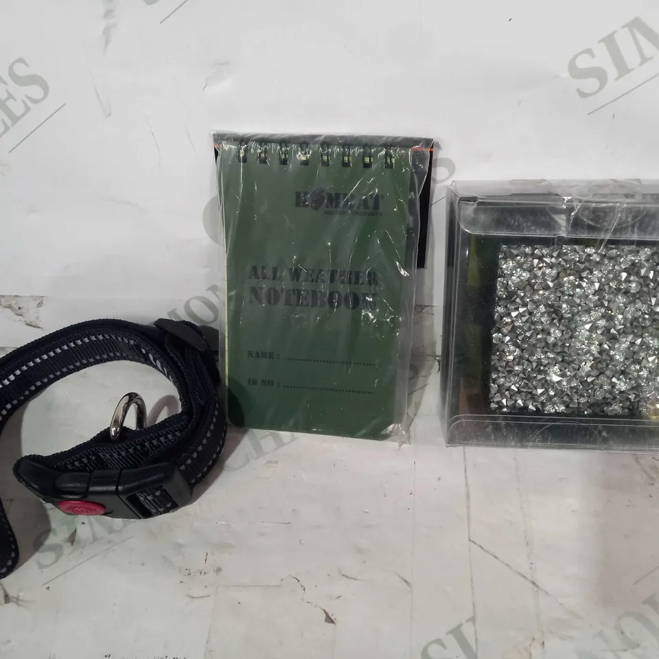 LOT OF APPROXIMATELY 10 ASSORTED HOUSEHOLD ITEMS TO INCLUDE DESIGNER COASTERS W. JEWEL EFFECT, KOMBAT MINI WATERPROOF NOTEBOOK, UMI DOG COLLAR, ETC