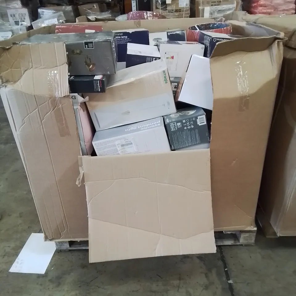 PALLET CONTAINING VARIOUS HOME ELECTRONICS LIGHTS AND FITTING ETC.