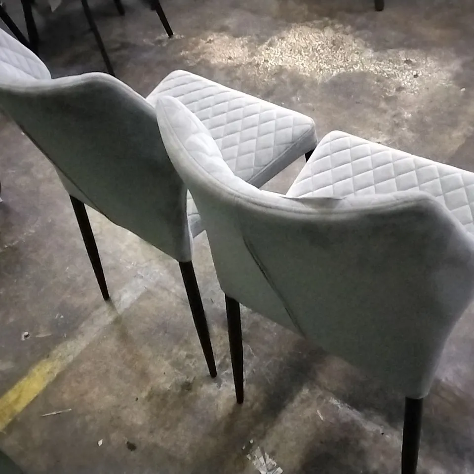 DESIGNER PAIR OF LIGHT GREY PLUSH VELVET PILLOWED DINING CHAIRS WITH BLACK LEGS