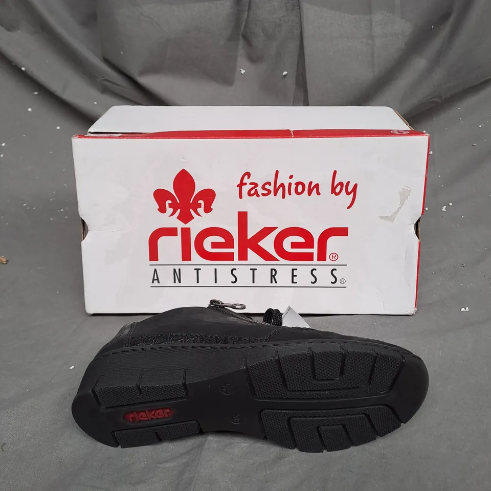 BOXED PAIR OF RIEKER WEDGE TRAINERS IN BLACK, UK SIZE 5