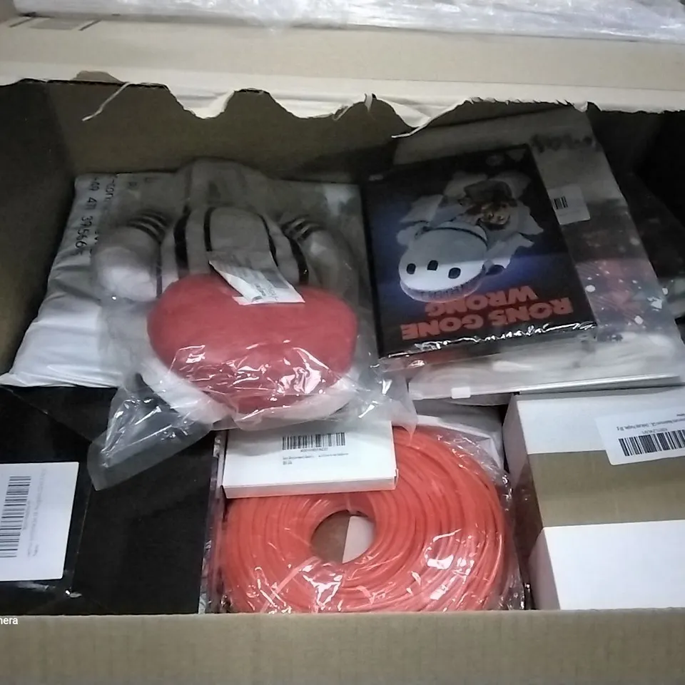 PALLET OF ASSORTED ITEMS INCLUDING GNOME PLUSH SET, CHRISTMAS GLAG DECORATION, RON'S GONE WRONG, 12PCS CHRISTMAS BOXES, 11" SHORT BOB WIG, NAVY BLUE TIGHTS, NYLON STRIKER TRIMMER LINE