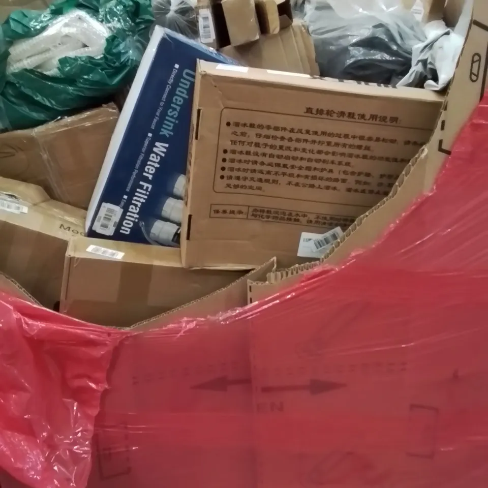 PALLET CONTAINING VARIOUS ASSORTED BOXED HOUSEHOLD ITEMS TO INCLUDE: INLINE SKATES, UNDERSINK WATER FILTRATION, AQUARIUM LED LIGHTS AND LOTS MORE UNMARKED BOXED ITEMS 