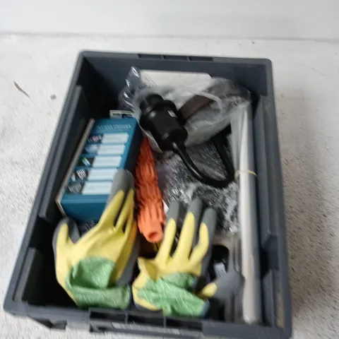 box containing a mix of approximately 15 assorted items including safety gloves, pet nail grinder, belt etc. 
