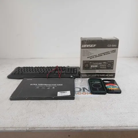 BOX OF APPROXIMATELY 40 ASSORTED ITEMS TO INCLUDE UNISEF CAR RADIO, NEMESIS KANE PRO KEYBOARD, VARIOUS PHONE CASES ETC