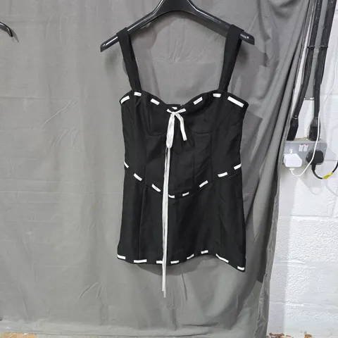 PRETTYLITTLETHING BLACK SLEEVELESS TOP WITH WHITE TRIM AND FRONT TIE, UK 14