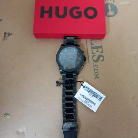 HUGO GENTS #IMPRESSFORHIM BLACK IP BRACELET WATCH