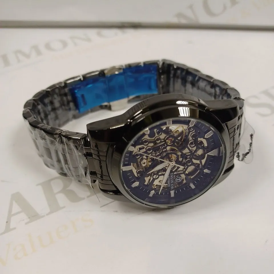 MEN’S TALIS CO 7820 AUTOMATIC WATCH – BLACK SKELETON DIAL AND CASE – STAINLESS STEEL STRAP – GLASS BACKCASE