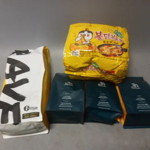 TOTE OF APPROX 5 ASSORTED FOOD ITEMS TO INCLUDE - RAVE COFFEE, NOODLES, AND ADAMS COFFEE ROASTERS ETC. 