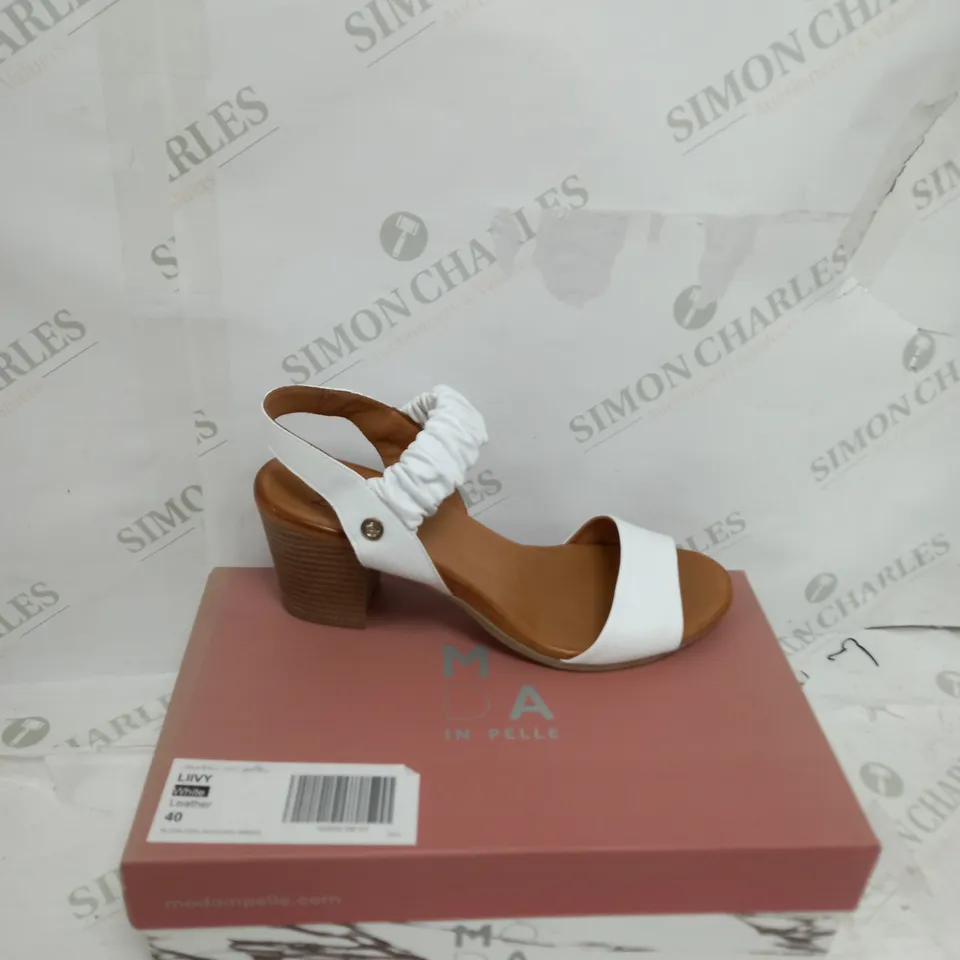 BOXED MODA IN PELLE LIIVY WHITE LEATHER BLOCK HEEL ROUCHED SANDAL SIZE 7 