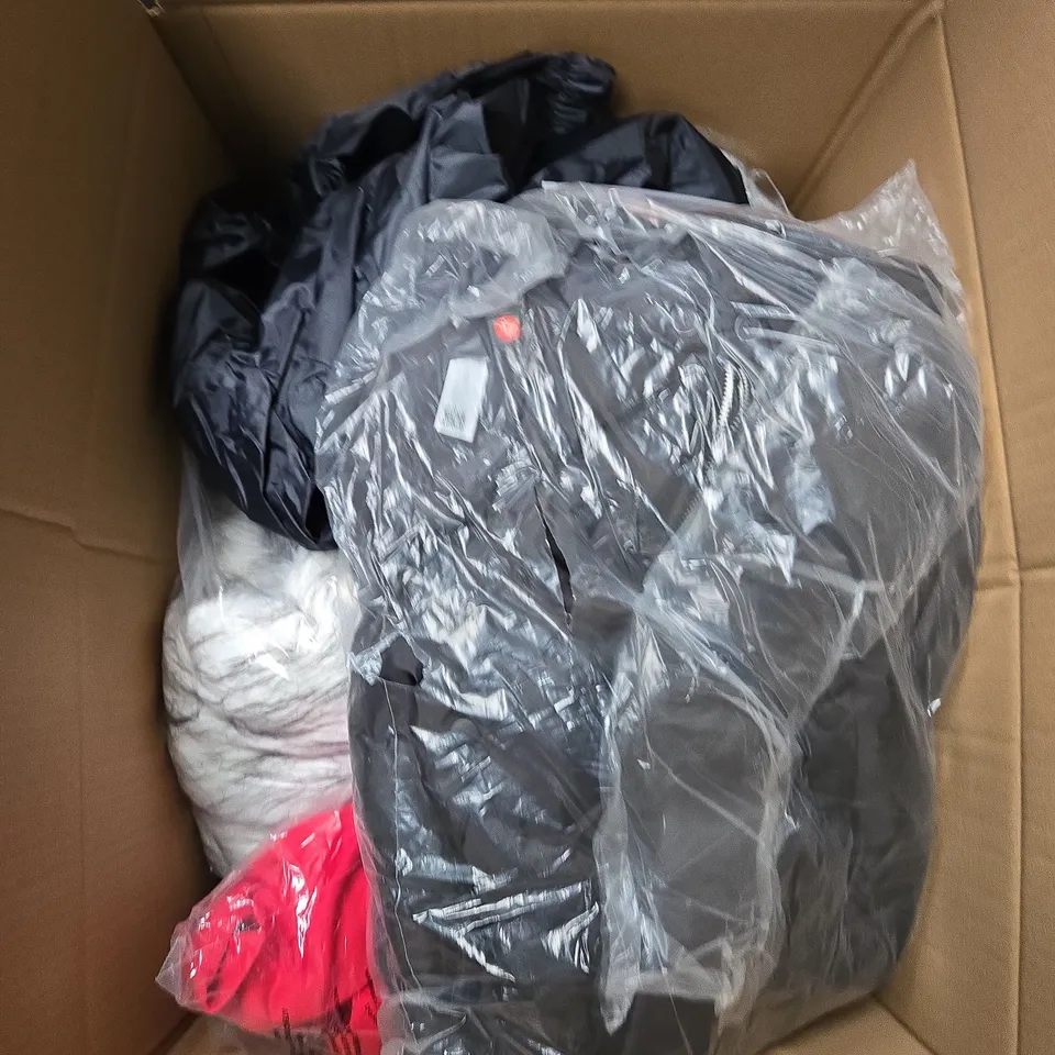 LARGE BOX OF ASSORTED CLOTHING ITEMS IN VARIOUS SIZES, STYLES AND COLOUR 