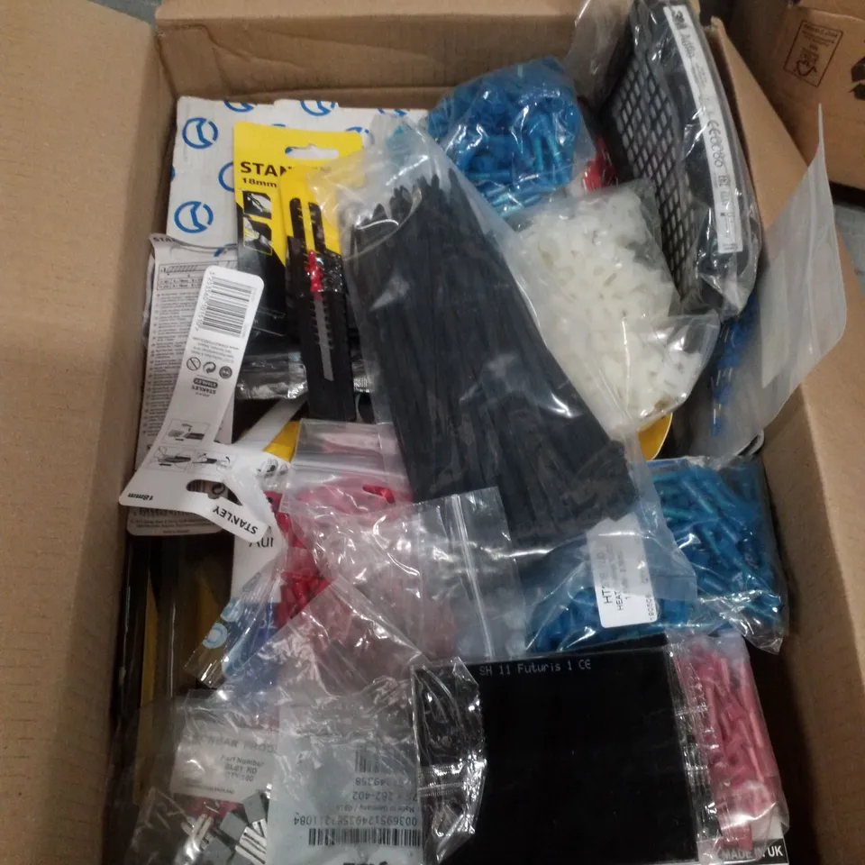 BOX CONTAINING ASSORTED TOOLS & ELECTRICAL INCLUDING ZIP TIES, HEAT SHRINK CONNECTORS, STANLEY BLADES & FACE MASKS
