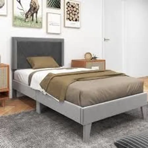 BOXED COSTWAY SINGLE GREY UPHOLSTERED HIGH HEADBOARD BED FRAME