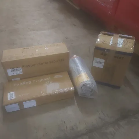 PALLET OF ASSORTED HOUSEHOLD ITEMS AND CONSUMER PRODUCTS TO INCLUDE; FOLDING PLAYMATE, PLAYPENS, AIR COOLER, BOXED FURNITURE ETC 