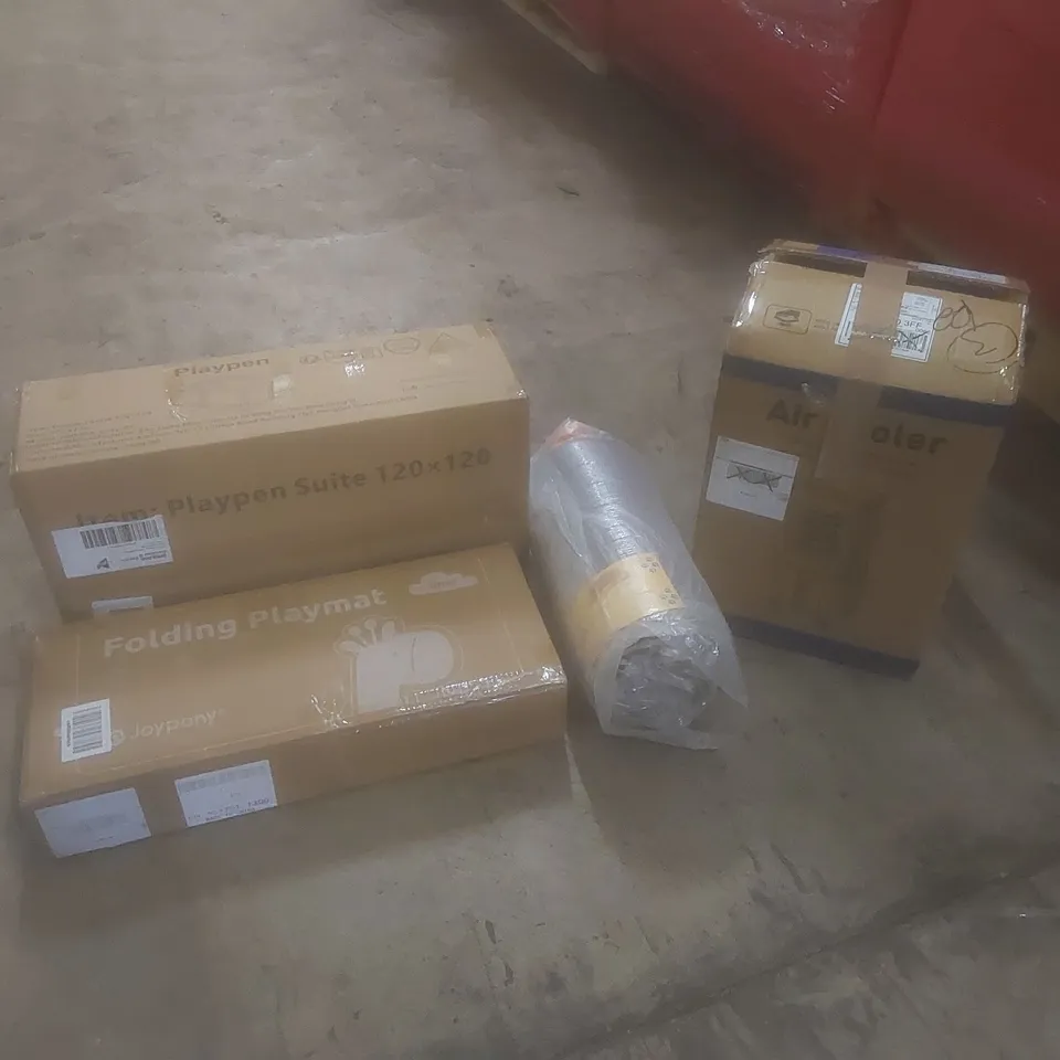 PALLET OF ASSORTED HOUSEHOLD ITEMS AND CONSUMER PRODUCTS TO INCLUDE; FOLDING PLAYMATE, PLAYPENS, AIR COOLER, BOXED FURNITURE ETC 