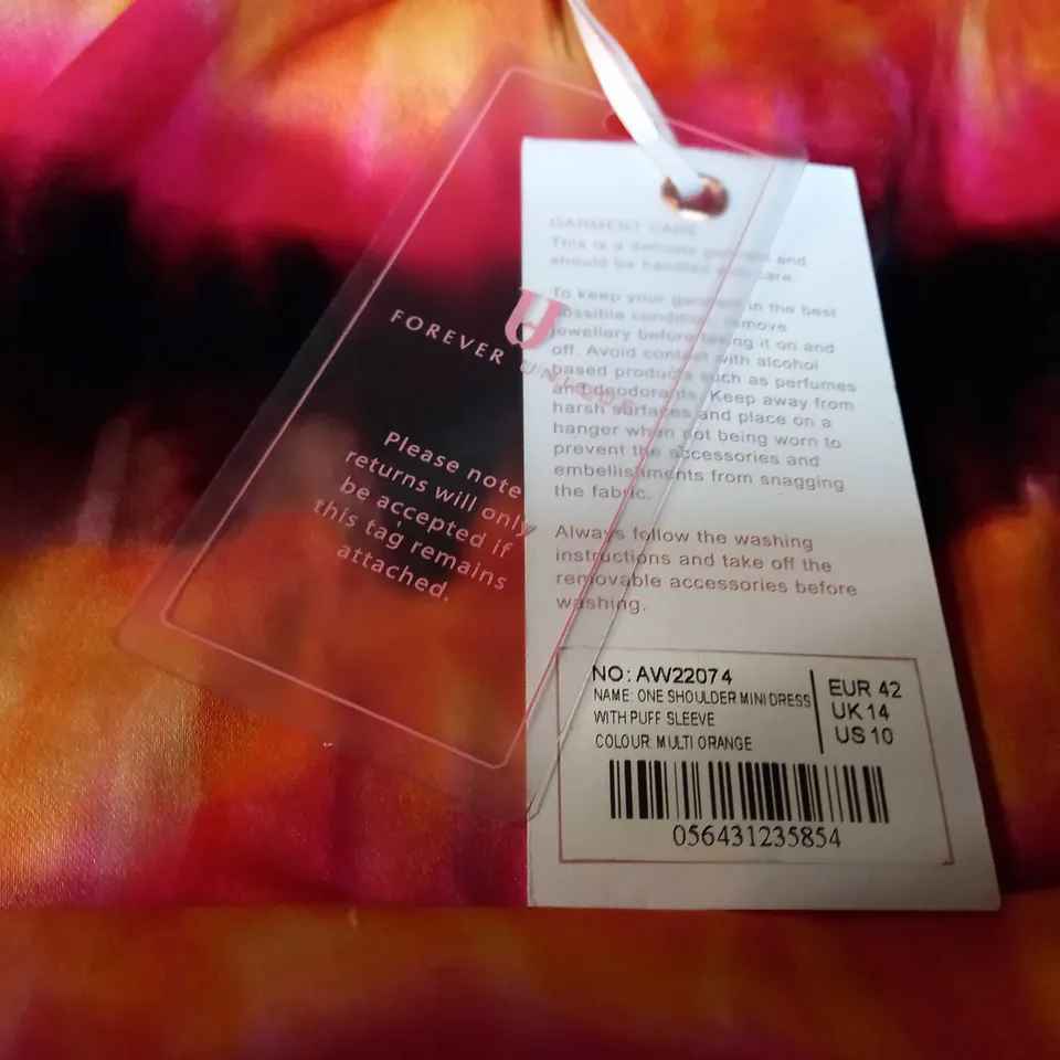 FOREVER UNIQUE MULTI ORANGE ONE SHOULDER MINI DRESS - SIZE 14
