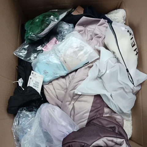 LARGE BOX OF APPROXIMATELY 20 ASSORTED CLOTHING ITEMS IN VARIOUS SIZES, STYLES AND COLOUR