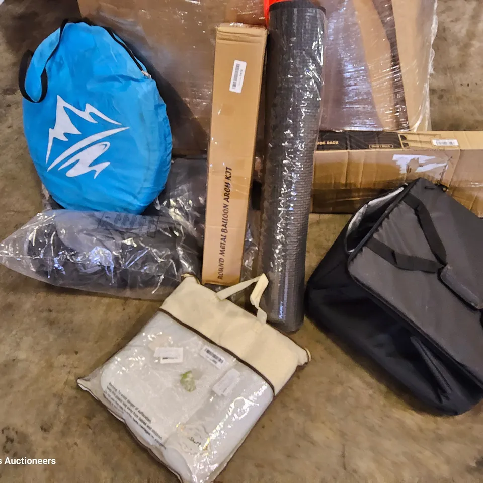 PALLET OF ASSORTED ITEMS TO INCLUDE, EXCERCISE MATS, COOL BAG, BALLOON ARCH KIT, BAMBOO SHOE RACK, CUSHION.