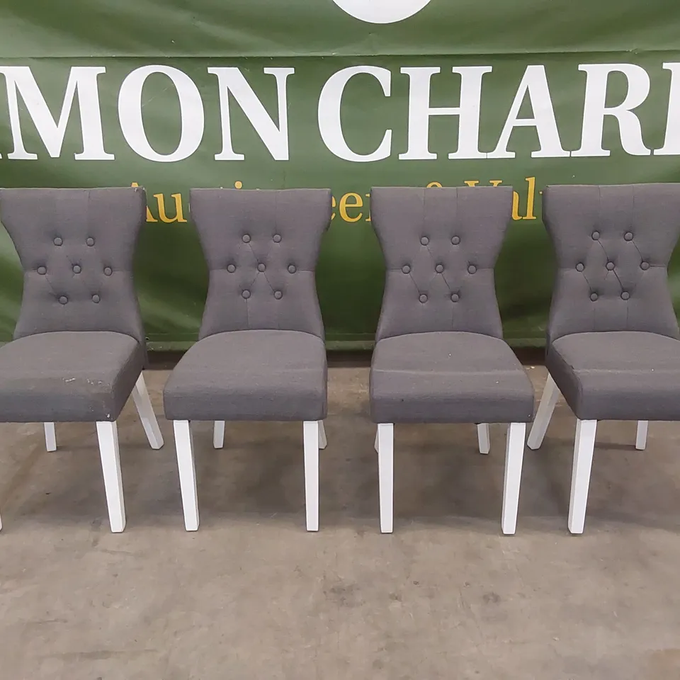 SET OF 4 BEWLEY SLATE GREY FABRIC BUTTON BACK DINING CHAIRS WITH WHITE LEGS 
