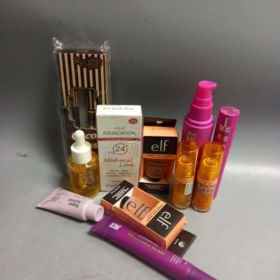 APPROXIMATELY 10 ASSORTED HEALTH AND BEAUTY PRODUCTS TO INCLUDE GIVE ME FACE SERUM, NYX DUCK PLUMP, ELF POWER GRIP PRIMER, GEORGIE GLOW FACIAL OIL 