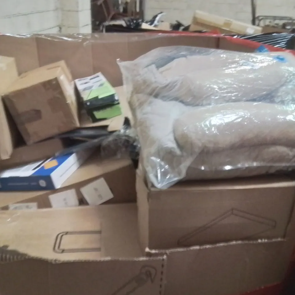 PALLET OF ASSORTED HOUSEHOLD GOODS AND PRODUCTS TO INCLUDE;UNDER DESK ELLIPTICAL TRAINER,ELECTRIC SLICER MACHINE,AREA MAT