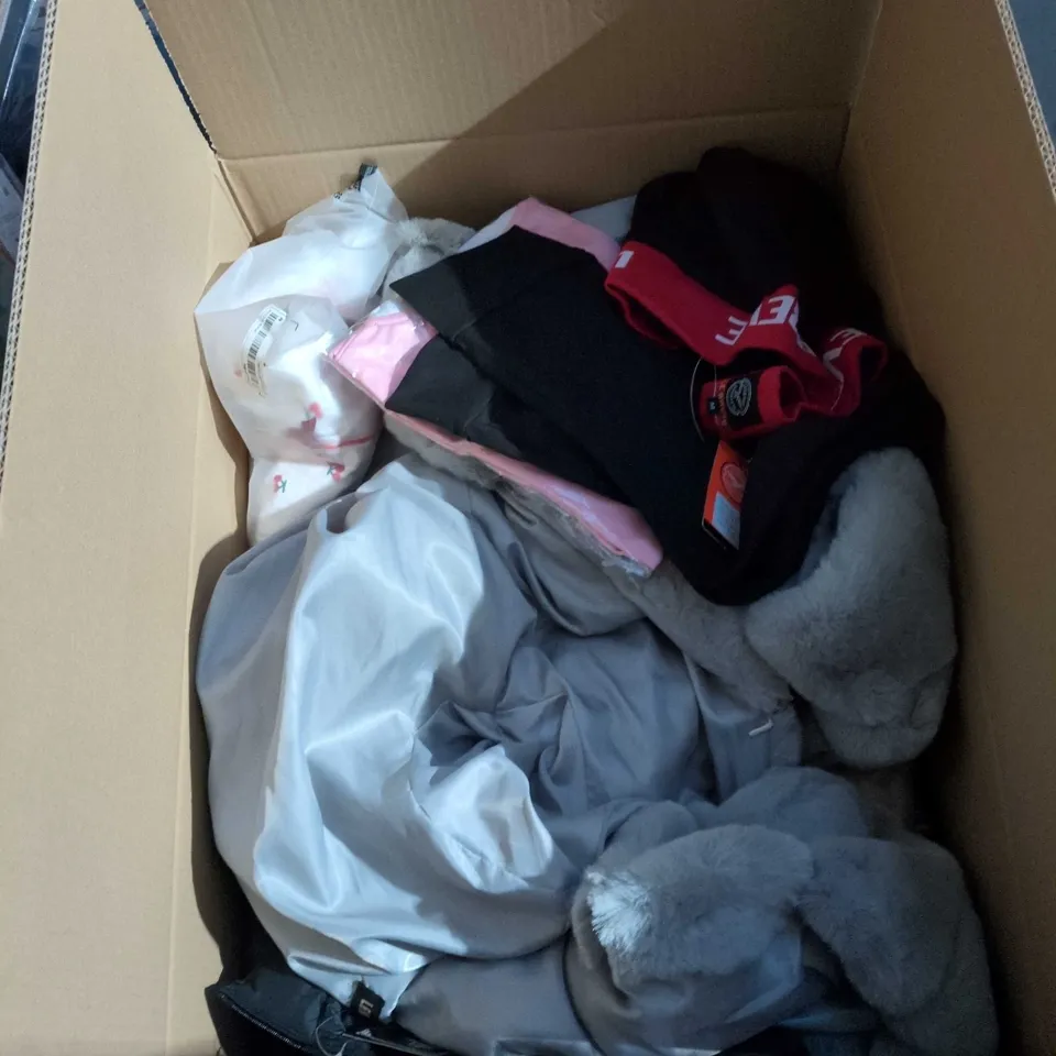 BOX OF APPROXIMATELY 20 ASSORTED CLOTHING ITEMS INCLUDING KIDS PINK SHIRT, LADIES GOLD PRINTED TOP, DENIM BLUE JEANS AND BLACK PADDED JACKET