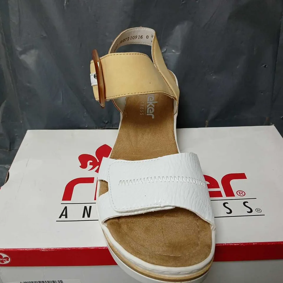 BOXED RIEKER BUCKLE WEDGE SANDALS IN WHITE/YELLOW - SIZE 42