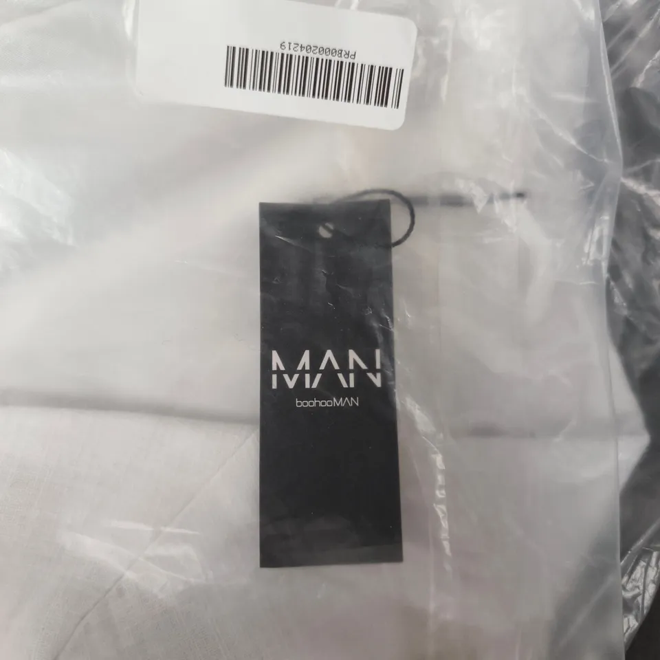 BOOHOOMAN WHITE LINEN-BLEND RELAXED FIT BLAZER – WEDDING GUEST, UK 36