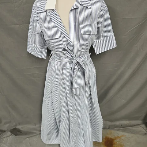 ZARA TIE WAIST SHIRT MIDI DRESS IN NAVY STRIPE SIZE M