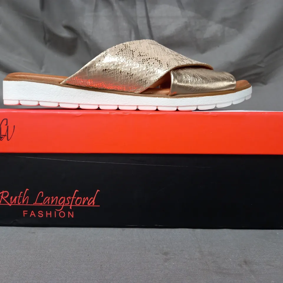 BOXED PAIR OF RUTH LANGSFORD FLAT SANDALS IN METALLIC CHAMPAGNE GOLD SIZE 5