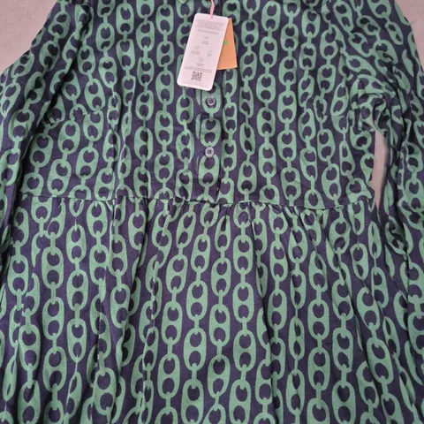 BODEN TIERED JERSEY SHIRT DRESS IN GREEN/NAVY SIZE UK 14P