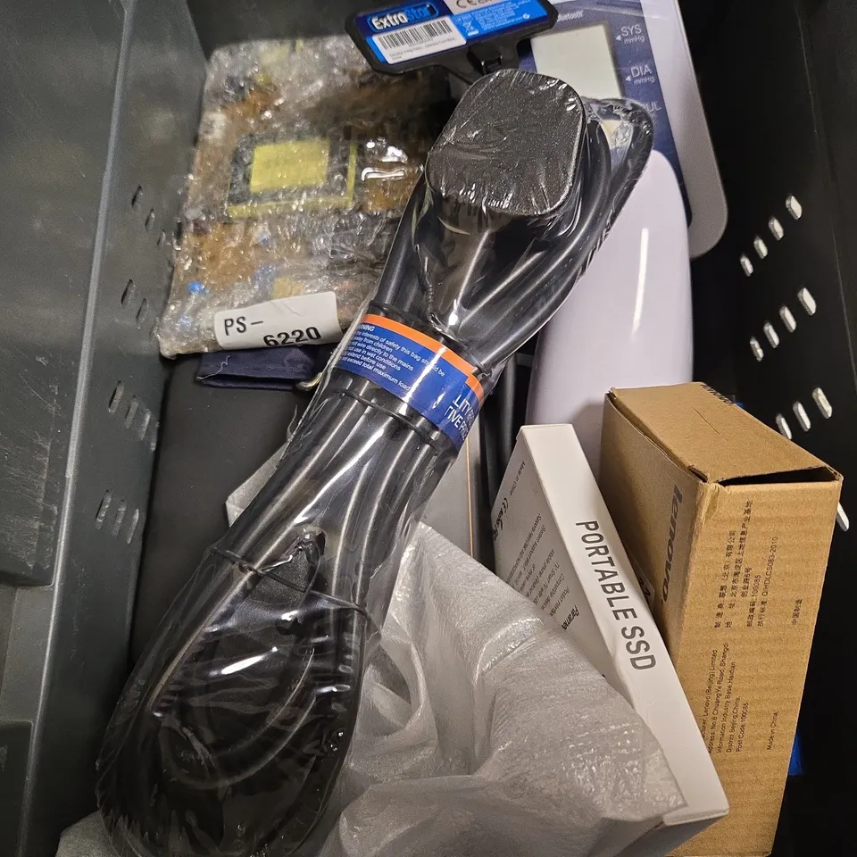 TOTE OF APPROXIMATELY 10 ASSORTED ITEMS TO INCLUDE - DELL OPTICAL MOUSE , POWER STRIP , WARM COASTER ETC