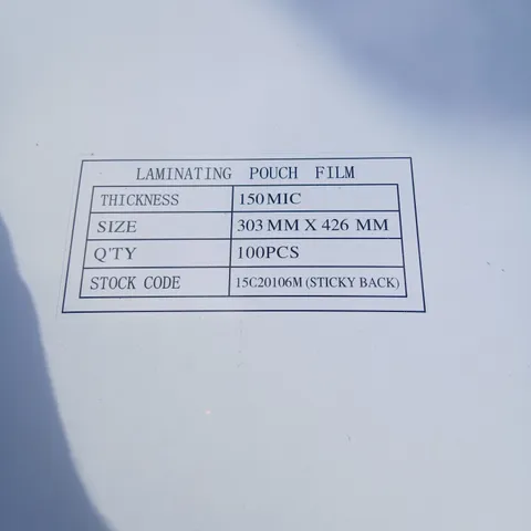 FIVE BOXES OF LAMINATING POUCHES 303MM X 426MM 100PIECES PER BOX