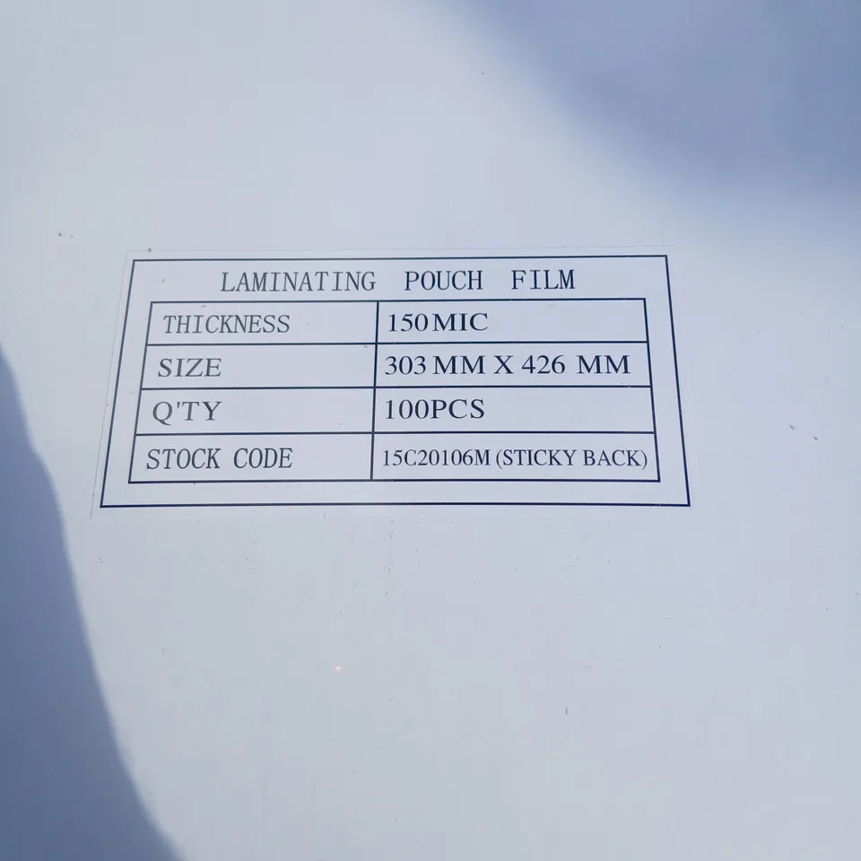 FIVE BOXES OF LAMINATING POUCHES 303MM X 426MM 100PIECES PER BOX