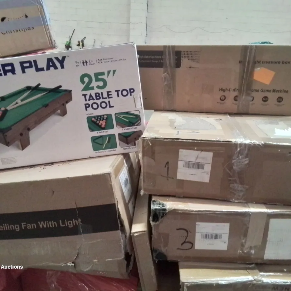 PALLET CONTAINING VARIOUS ASSORTED BOXED HOUSEHOLD ITEMS TO INCLUDE: HIGH DEFINITION GAME MACHINE, CEILING FAN WITH LIGHT, POWER PLAY CHILDREN'S POOL TABLE AND LOTS MORE UNMARKED BOXED ITEMS 