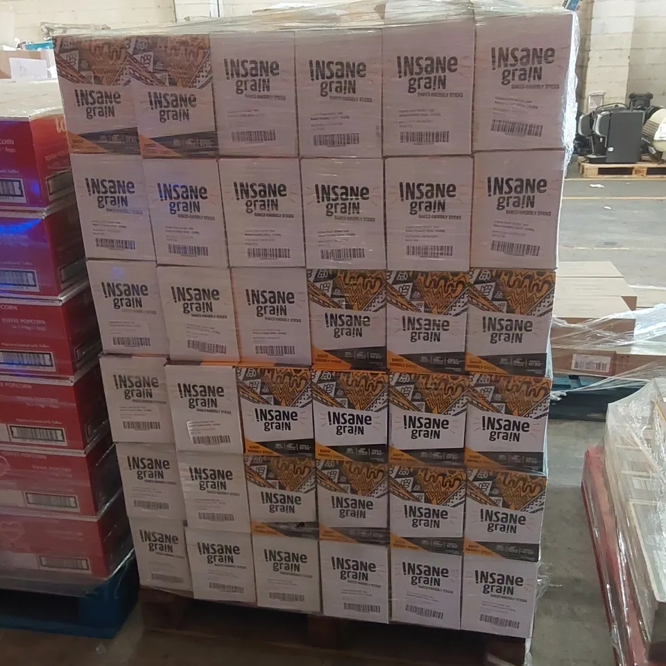 PALLET TO CONTAIN APPROX 108 BOXES OF INSANE GRAIN BAKED KNOBBLY STICKS - 10 X 80g BAGS PER BOX // BEST BEFORE: 04/04/25
