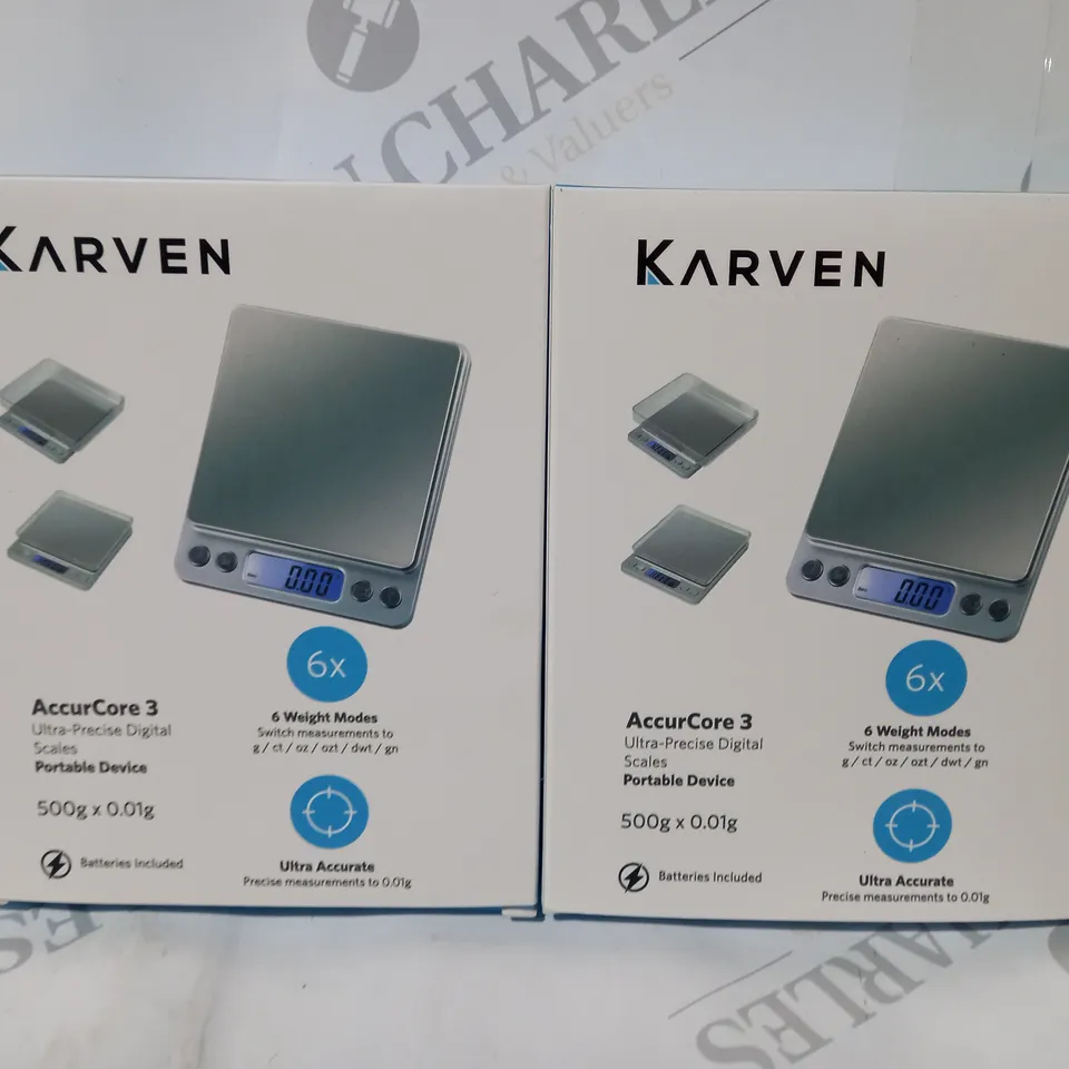 SET OF 2 KARVEN ACCURCORE 3 ULTRA-PRECISE DIGITAL SCALES