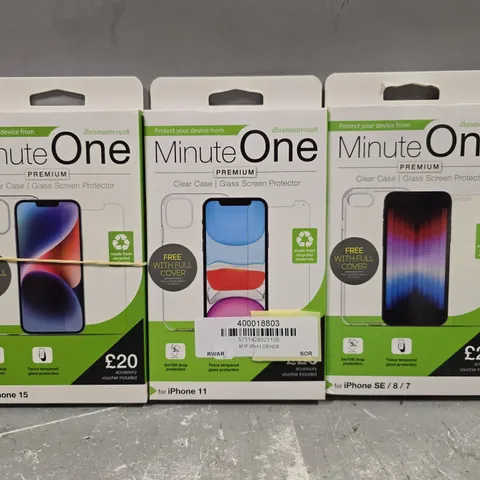 BOX OF APPROXIMATELY 60 ASSORTED MINUTE ONE MOBILE PHONE CASES & SCREEN PROTECTORS INCLUDE - IPHONE 15 , IPHONE 11 , IPHONE SE / 8 / 7