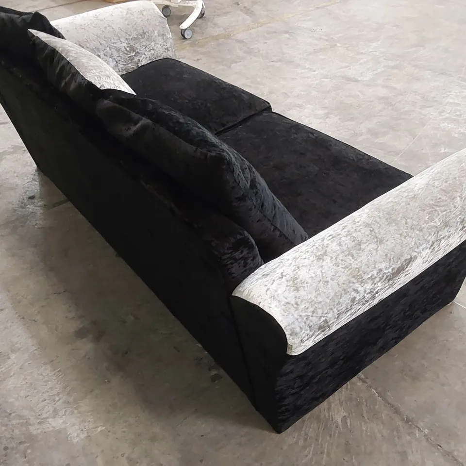 DESIGNER 3 SEATER CRUSHED VELVET UPHOLSTERED SOFA - BLACK/SILVER