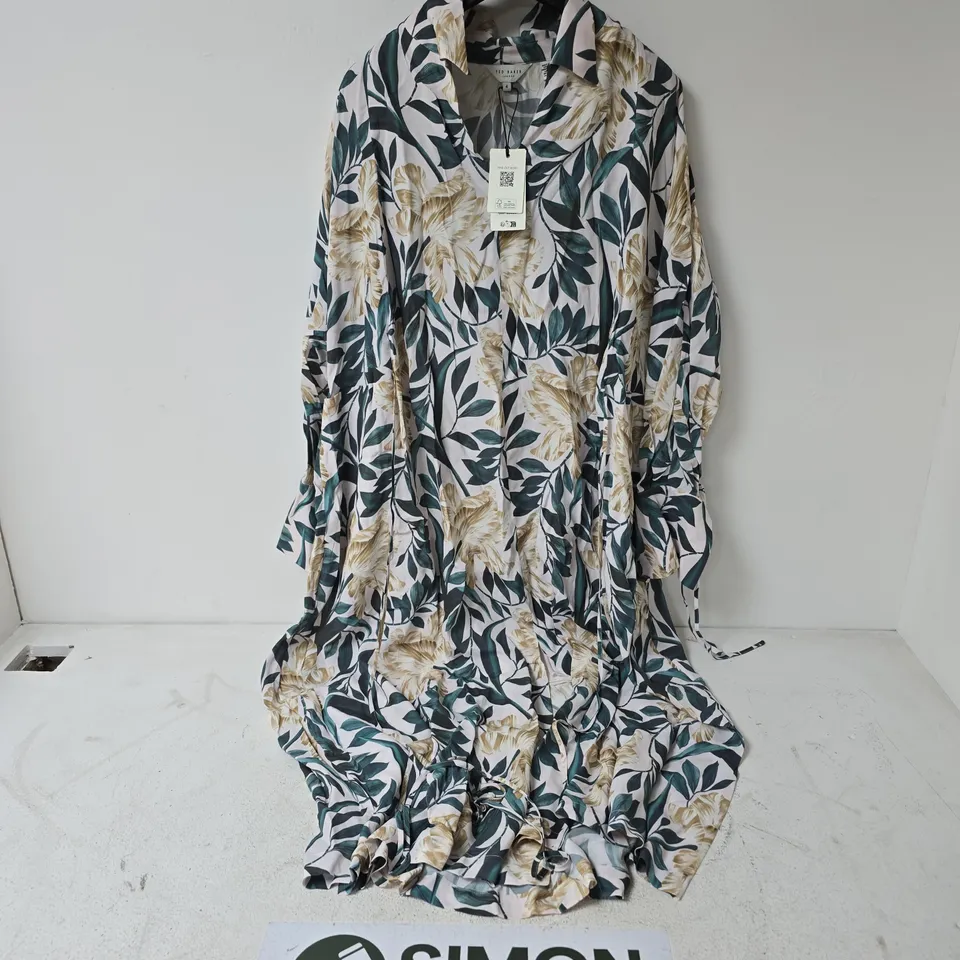 TED BAKER PRINTED TIE DETAIL MIDI SHIRT DRESS IN CREAM - SIZE 4