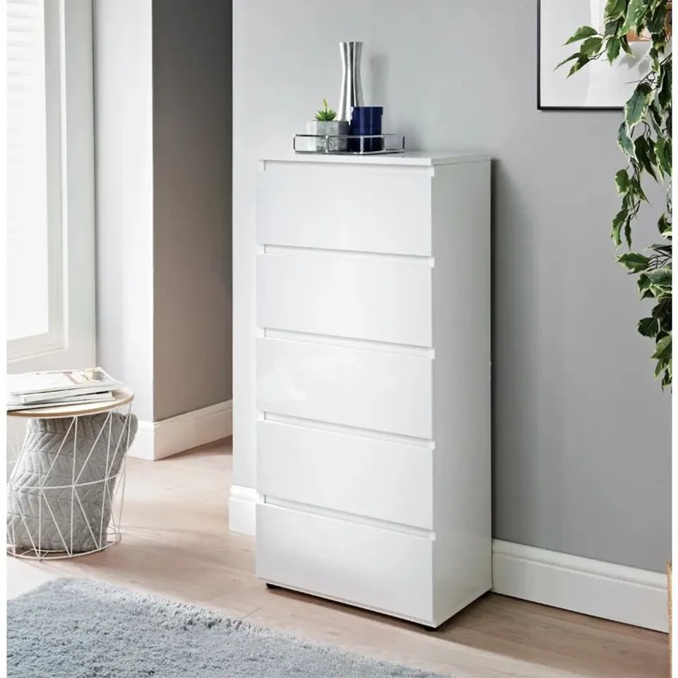 BOXED ATILANO 5 DRAWER 48CM W WHITE CHEST OF DRAWERS BEDROOM MODERN SLIM SIDE STORAGE DISPLAY CABINET (1 BOX)