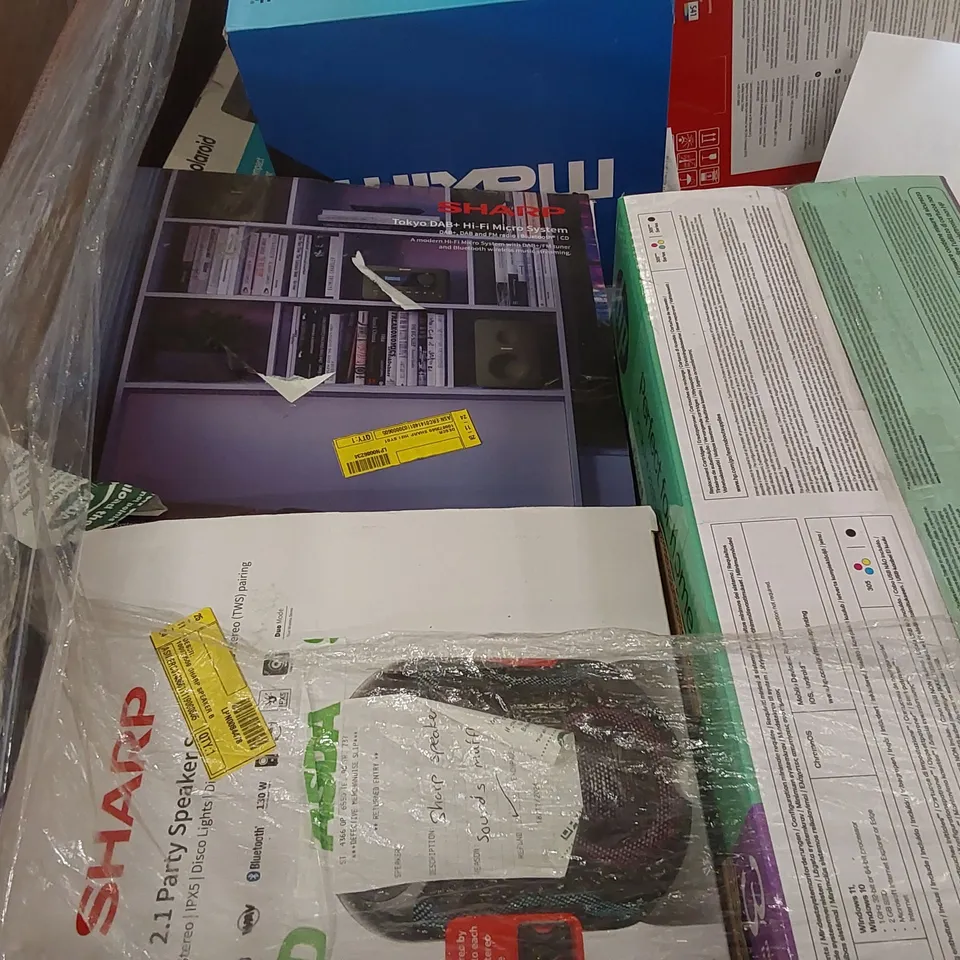 PALLET CONTAINING VARIOUS ASSORTED BOXED ELECTRONIC ITEMS TO INCLUDE: SEVERAL PRINTERS, KEYBOARDS, SECURITY CAMERA, SPEAKERS ETC