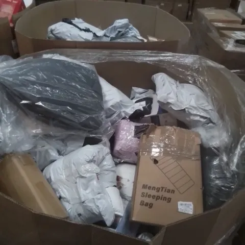 PALLET CONTAINING LARGE QUANTITY OF SOFT ITEMS TO INCLUDE; MEMORY FOAM SLEEPING BAGS, LUXURY CAR NECK PILLOWS, SUPERSOFT SEAT CUSHIONS ETC