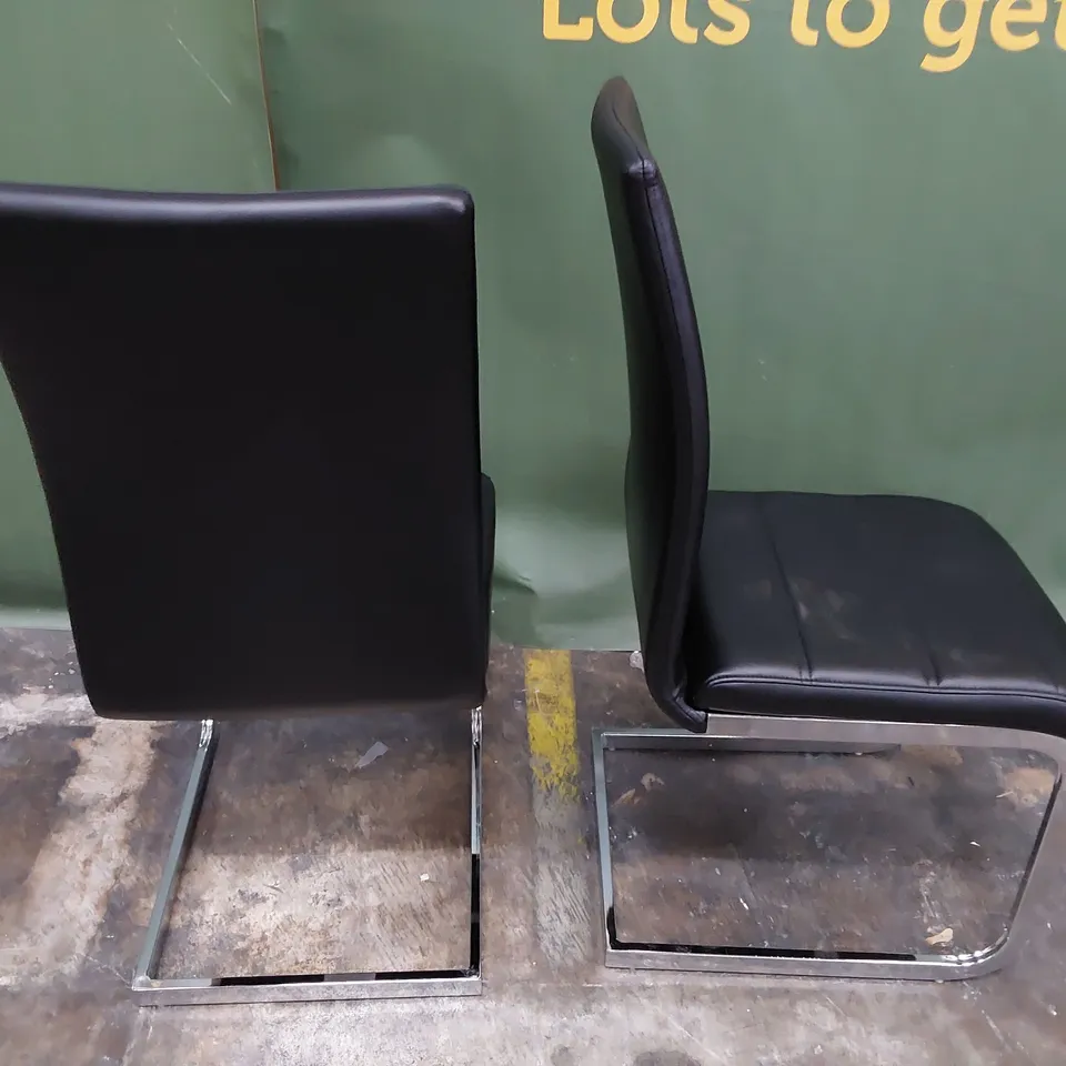 PAIR UPHOLSTERED DINING CHAIRS BLACK PU ON CHROME FRAMES 