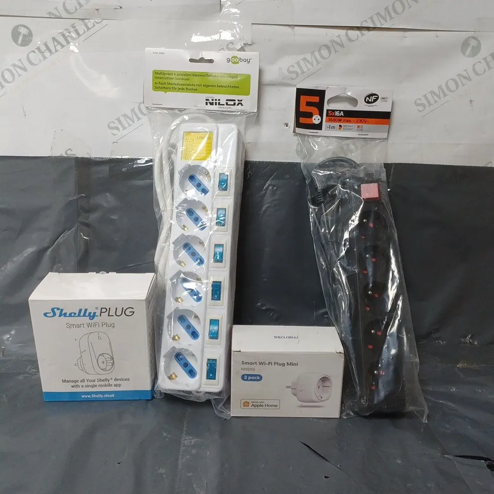 BOX OF APPROX 30 ASSORTED ITEMS TO INCLUDE -SHELLY PLUG , NF 5X16A 1M EXTENSION LEAD , SMART WIFI MINI PLUG ETC