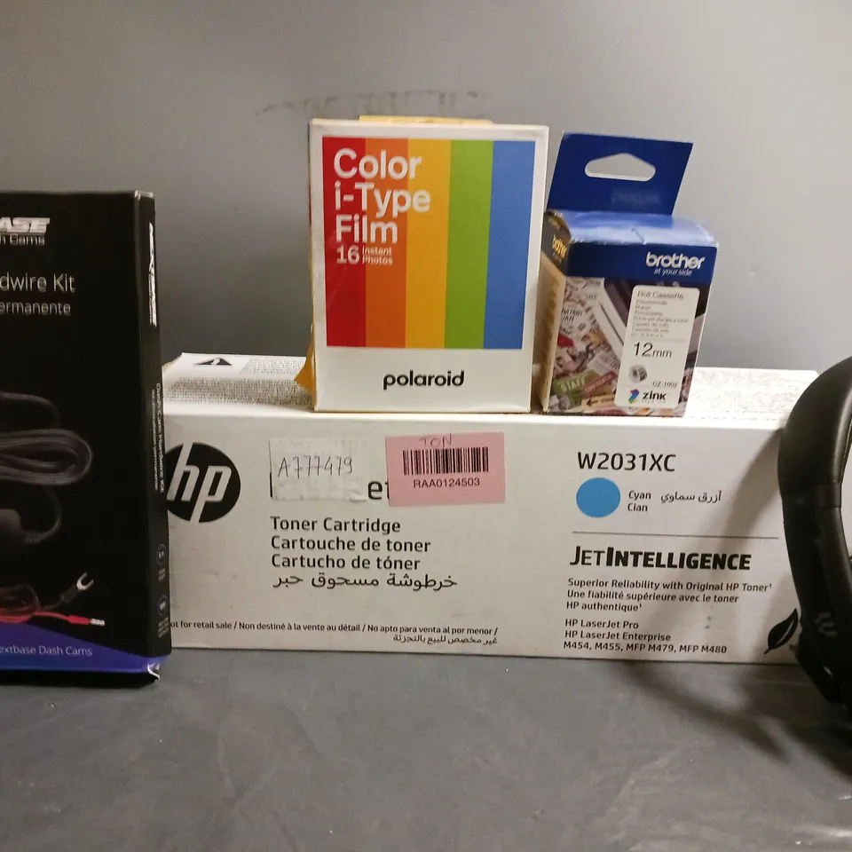 BOX OF APPROX 12 ASSORTED ITEMS TO INCLUDE - NEXTBASE DASH CAM HARDWIRE KIT  , POLAROID COOR I TYPE FILM 16 INSTANT PHOTOS , BROTHER ROLL CASSETTE ETC