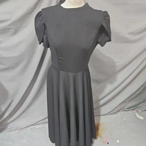 CLUB LONDON VICKY BLACK HIGH NECK MIDI DRESS WITH PUFF SLEEVES – UK 14