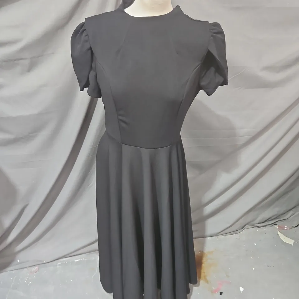 CLUB LONDON VICKY BLACK HIGH NECK MIDI DRESS WITH PUFF SLEEVES – UK 14