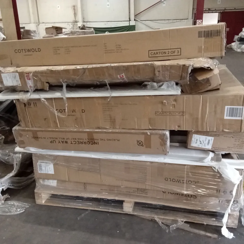PALLET OF ASSORTED INCOMPLETE DESIGNER FURNITURE AND BED PARTS